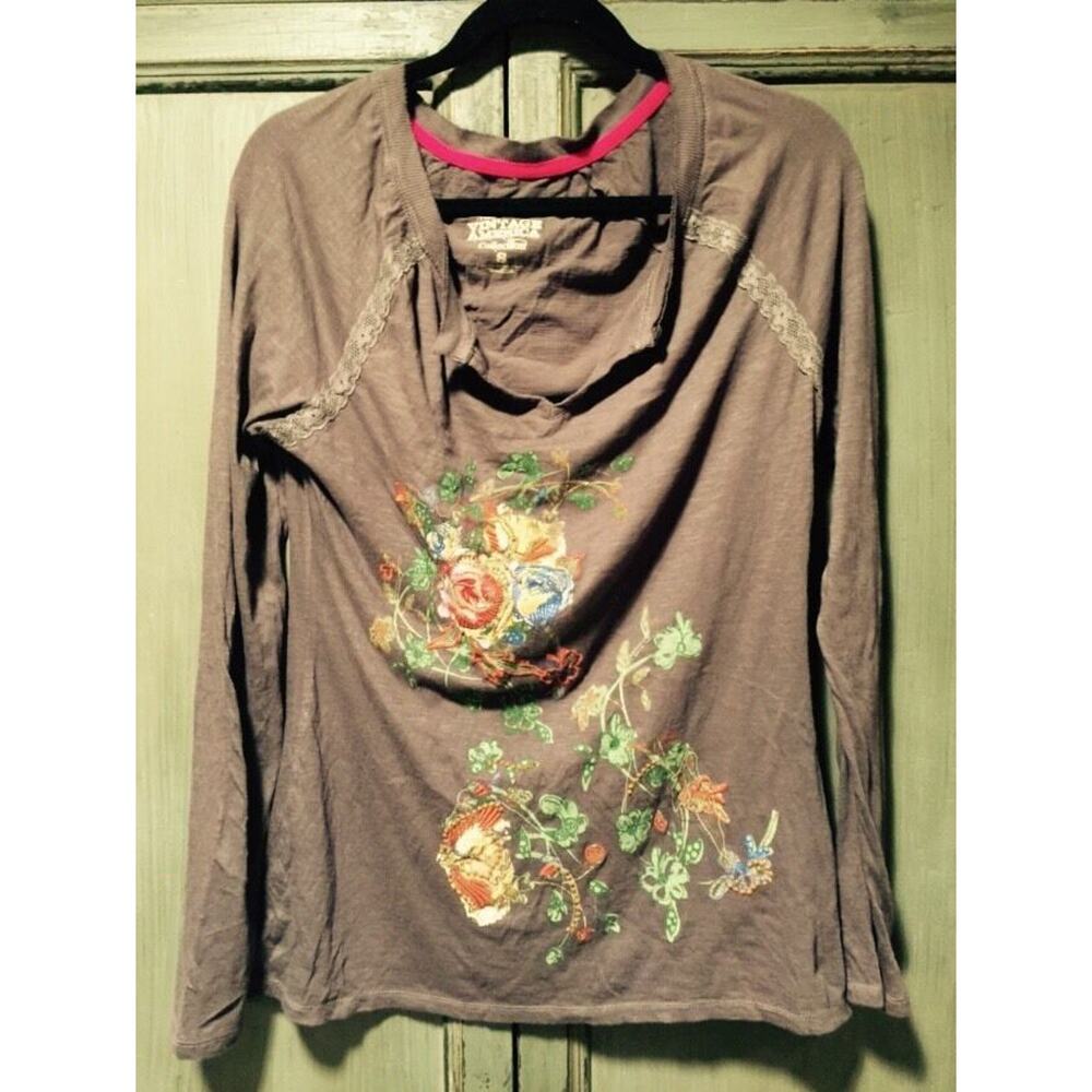 Nine West Vintage America Long Sleeve S Lace Embroidered Top Flower Grey
